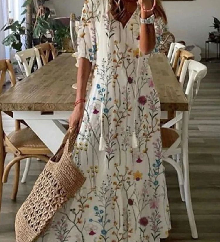 Kleoniki - Elegantná zamatová maxi šaty s kvetmi